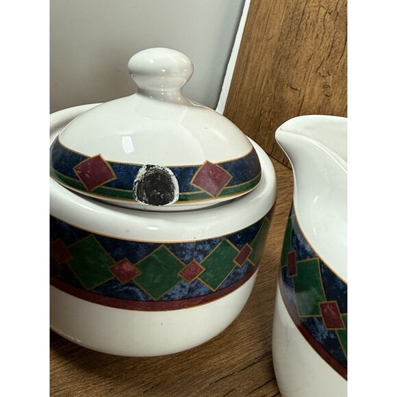 Amalfi Classic by Pfaltzgraff Sugar/cream Bowl Navy Burgundy Dark Green Design - Picture 5 of 6